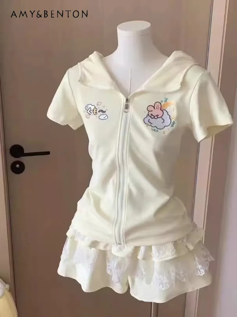 

Sweet and Cute Slim and Thin Solid Color Rabbit Ears Hooded T-shirt Zipper Jacket For Women