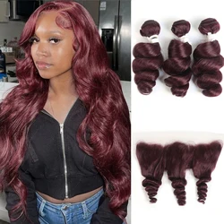 Extensão do Cabelo Remy Brasileiro com Fechamento Frontal, Cabelo Humano de Onda Solta, Cabelo Vermelho Colorido Weave Bundles, 99J