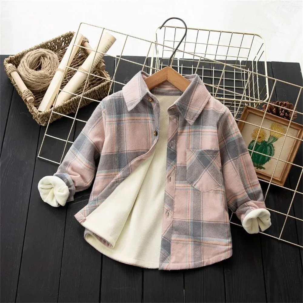 

Fashion Autumn Children Shirts Cotton Shirt Boy Loose Casual with Fleece Thicken Long Sleeve Shirt Kids Tops Girls Warm Clothes