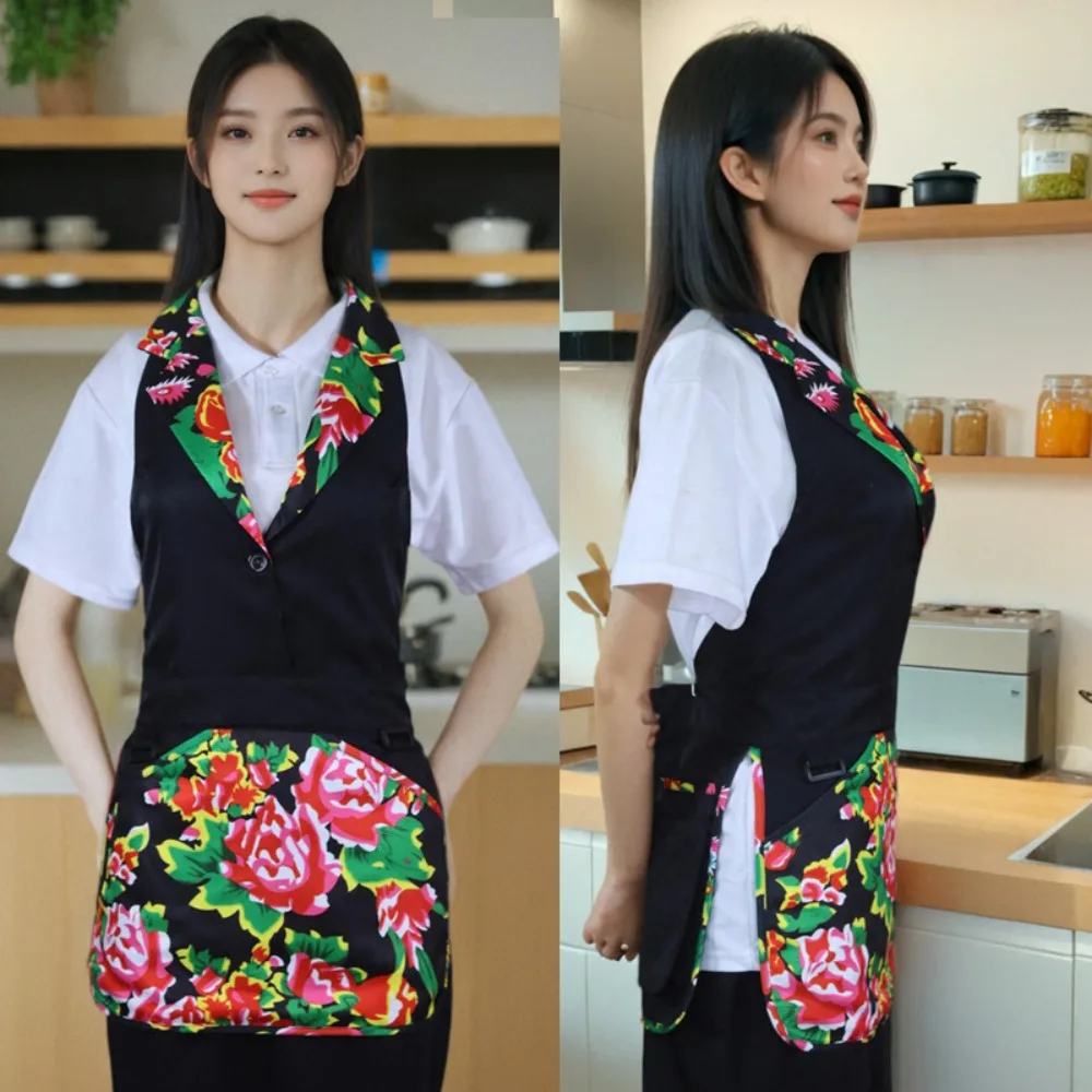 Multi-functional Polyester Work Apron Waterproof Button Design Suit Collar Apron Ethnic Style Vintage Dining Apron Dining