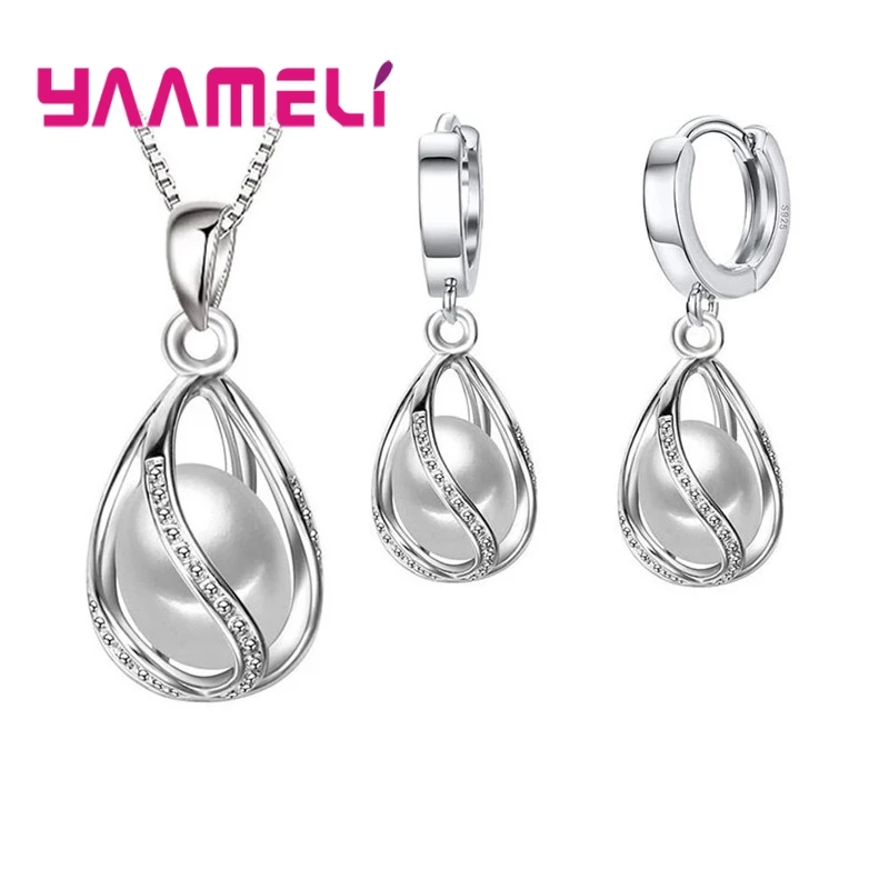 Elegant 925 Sterling Silver Gift Jewelry Sets for Women Female Rotating Freshwater Pearl Pendant Necklace Huggie Earrings