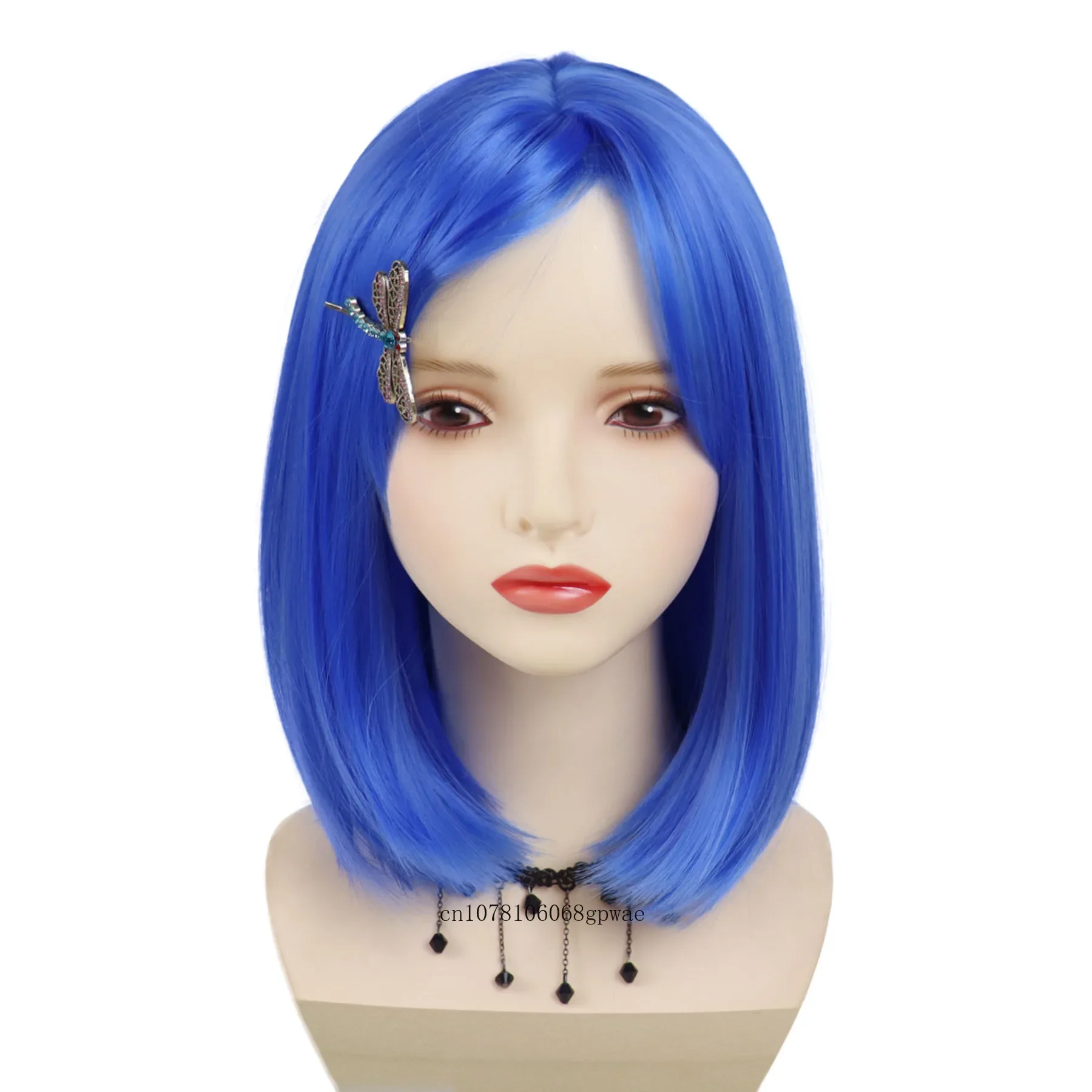 Women's Anime Wigs Synthetic Short Blue Bob Wig with Dragonfly Hairpin Fits All Halloween Costume Cosplay Party Natural Looking