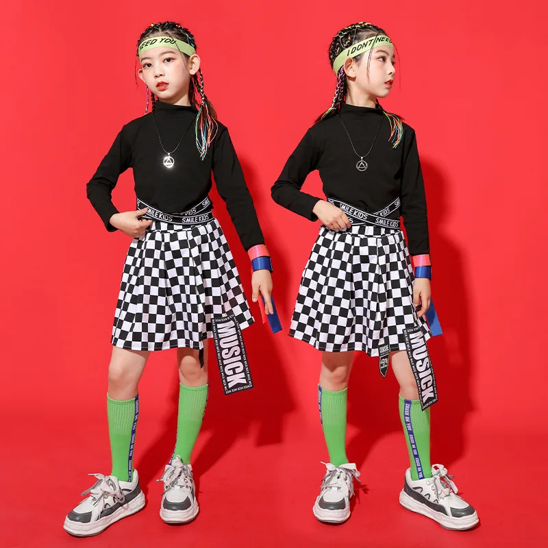 

Kid Kpop Hip Hop Clothing Mock Neck Cross Crop Top Long Sleeve T Shirt Streetwear Checkered Skirt for Girl Dance Costume Clothes