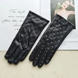 New winter women's sheepskin gloves with touch screen and warm velvet rivet style genuine leather gloves