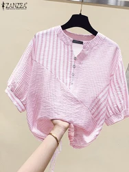 ZANZEA Summer Elegant Striped Shirts Women OL Work Blouse V Neck Half Sleeve Casual Loose Tops Drawstring Hem Blusas Oversize