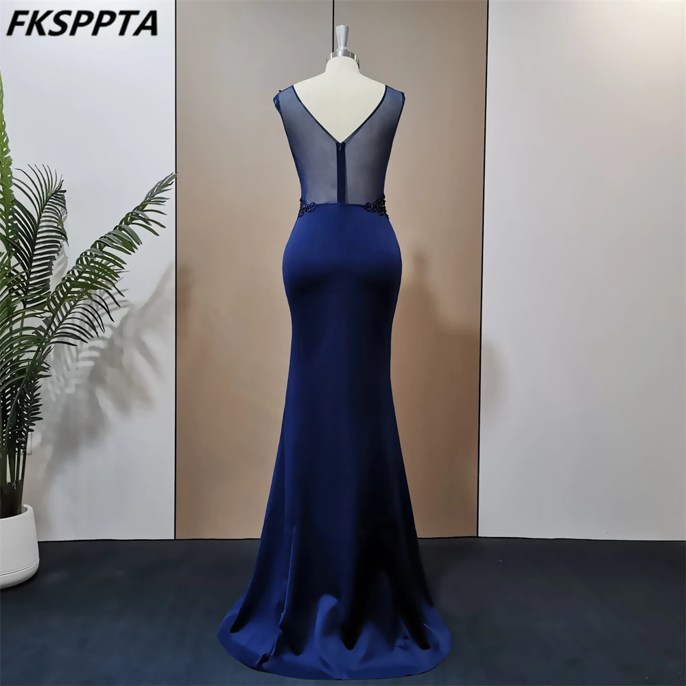 Exquisite Navy Mermaid Formal Evening Dress See Through Back Stunning Crystals Appliques Satin Long Prom Gowns Plus Size Dresses