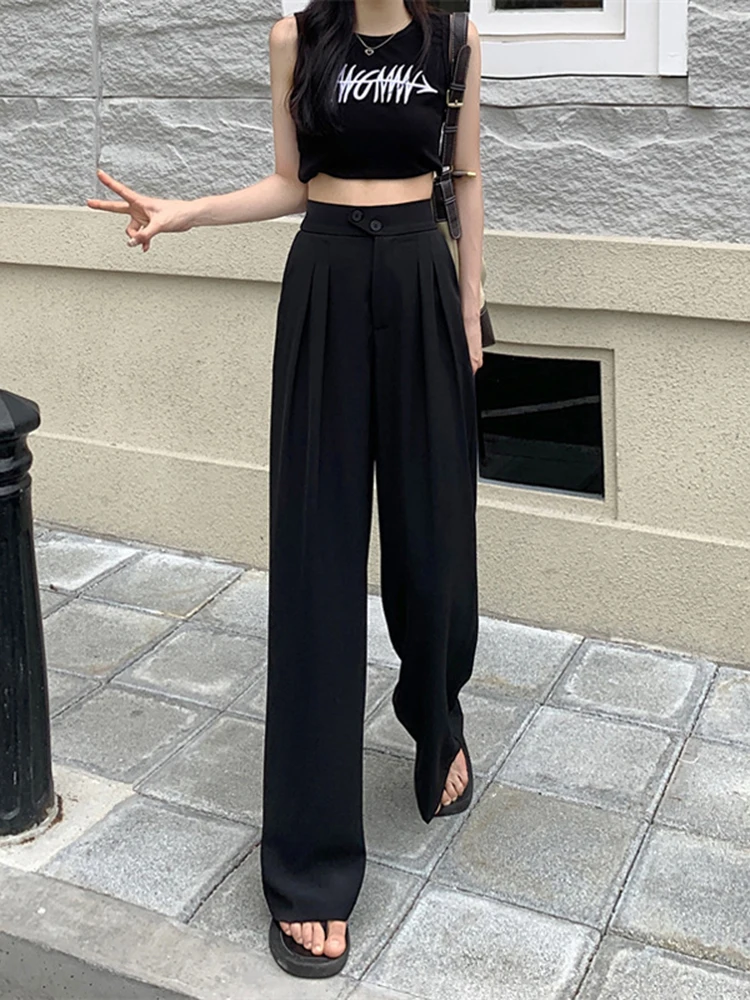 Zoki Korean S-4Xl Women Suit Wide Leg Pants Summer Thin High Waist Straight Trousers Fashion Office Lady Harajuku Casual Pant