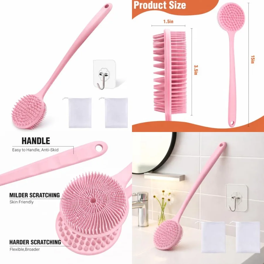 

Silicone Body Scrubber for Shower Men Women – Dual-Sided Exfoliating & Massage Shower Brush with Long Handle, Creates Rich Lather, Includes 1 Hook & 2 Lather Balls (Pink).