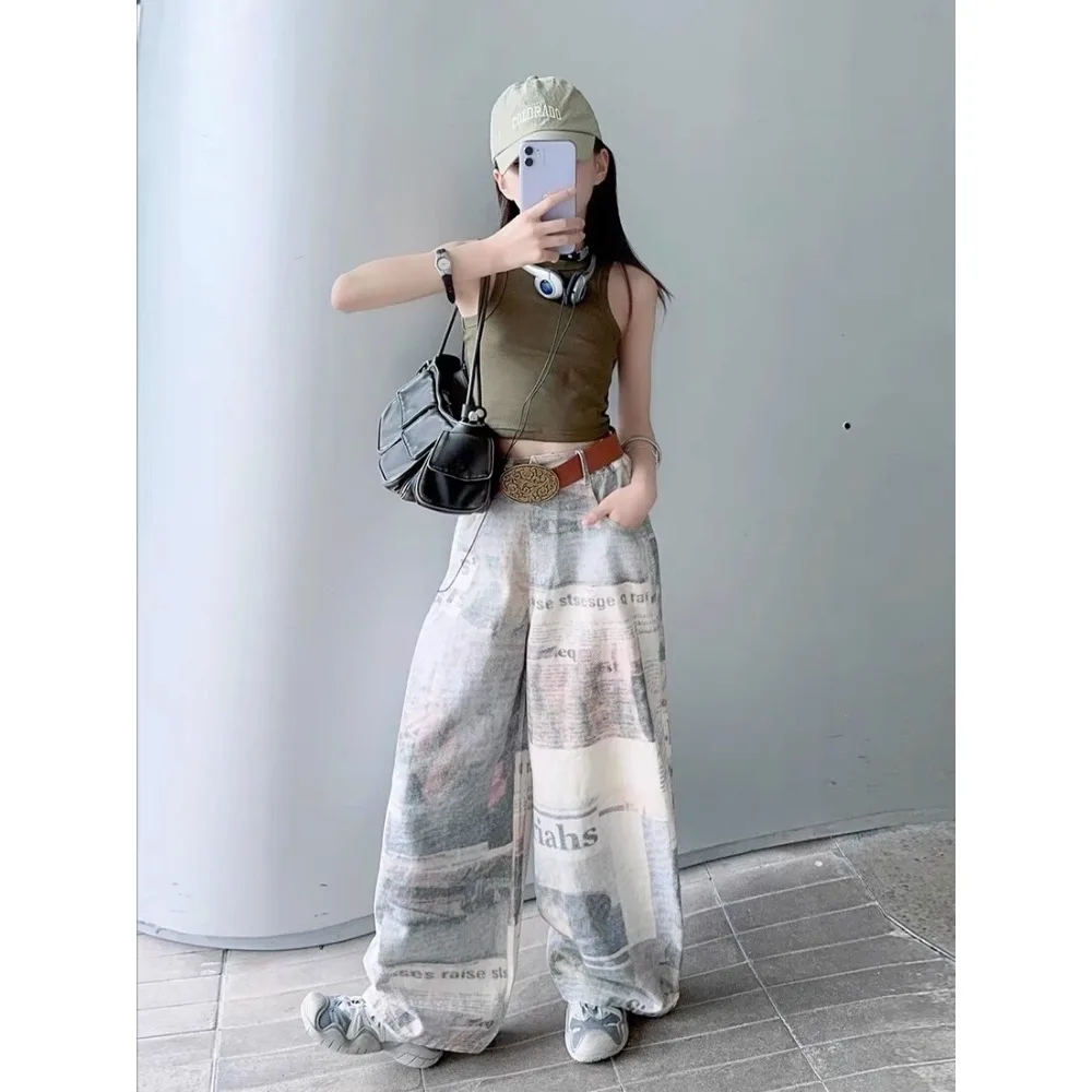 Girls Pants Korea Style 2024 Summer New Newspaper Print Cargo Pants Vintage Spicy Girl Casual Fashion Summer Children Trousers