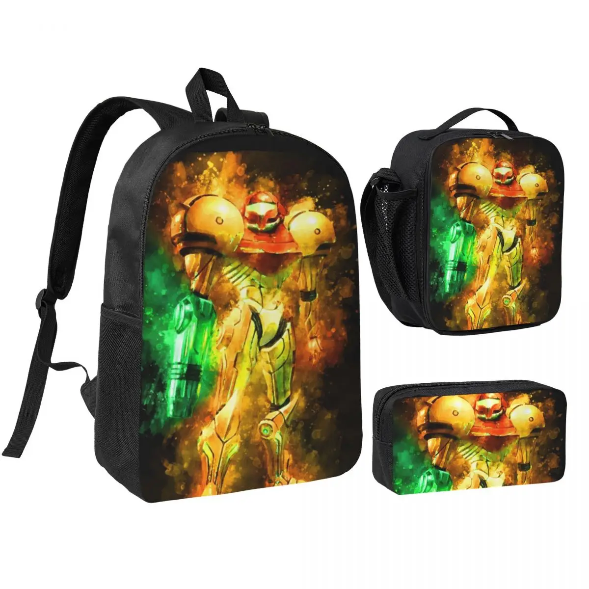Metroid Samus Aran Prime Hunter Backpack Boys Girls BookBag School Bag Shoulder Bags 3ps Insulated Lunch Bag Pencil Case
