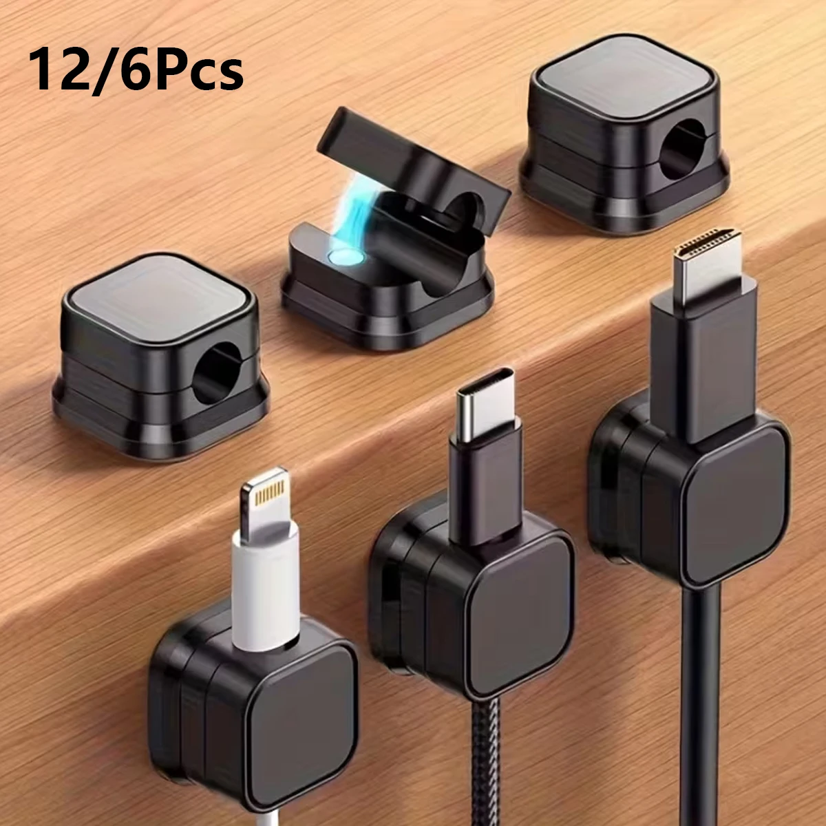 12/6 Piece Cable Organizer Kit, Self-Adhesive Magnetic Clips, No Drilling Required, Suitable for Home Office Desktops and Walls, Adjustable Multifunctional Cable Management