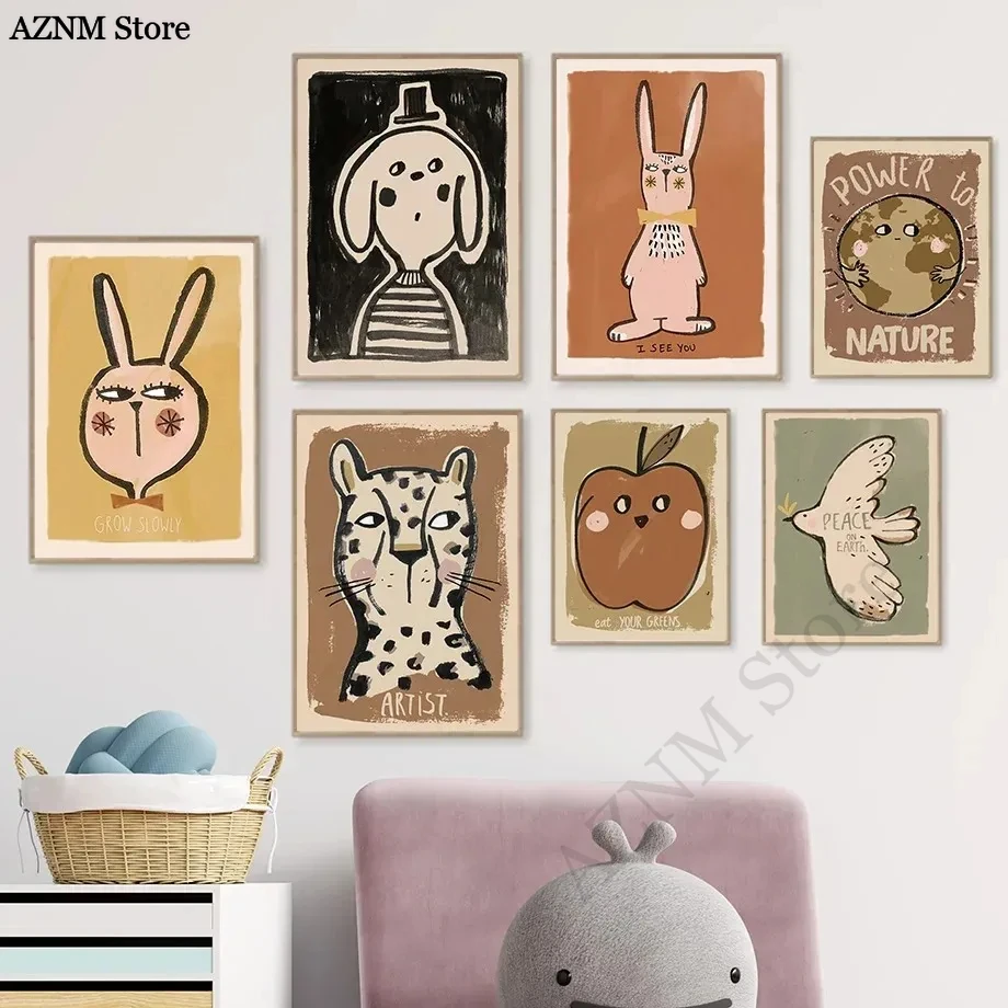 Abstract Cartoon Animal Fruit Art Poster Apple Rabbit White Dove Rainbow Wall Art Picture Canvas Print Painting Modern Home Deco