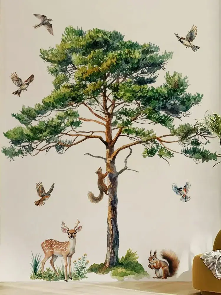 Wasserfarben-Wandtattoo mit Kiefern, Eichhörnchen, Hirschen und Vögeln, Abnehmbare Waldtier-Wandaufkleber für Schlafzimmer und Kinderzimmer