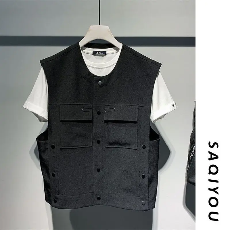 Korean Three-dimensional Pocket Trendy Men's Sleeveless Vest Spring and Autumn New Loose Hairstylist Style Exterior Vest