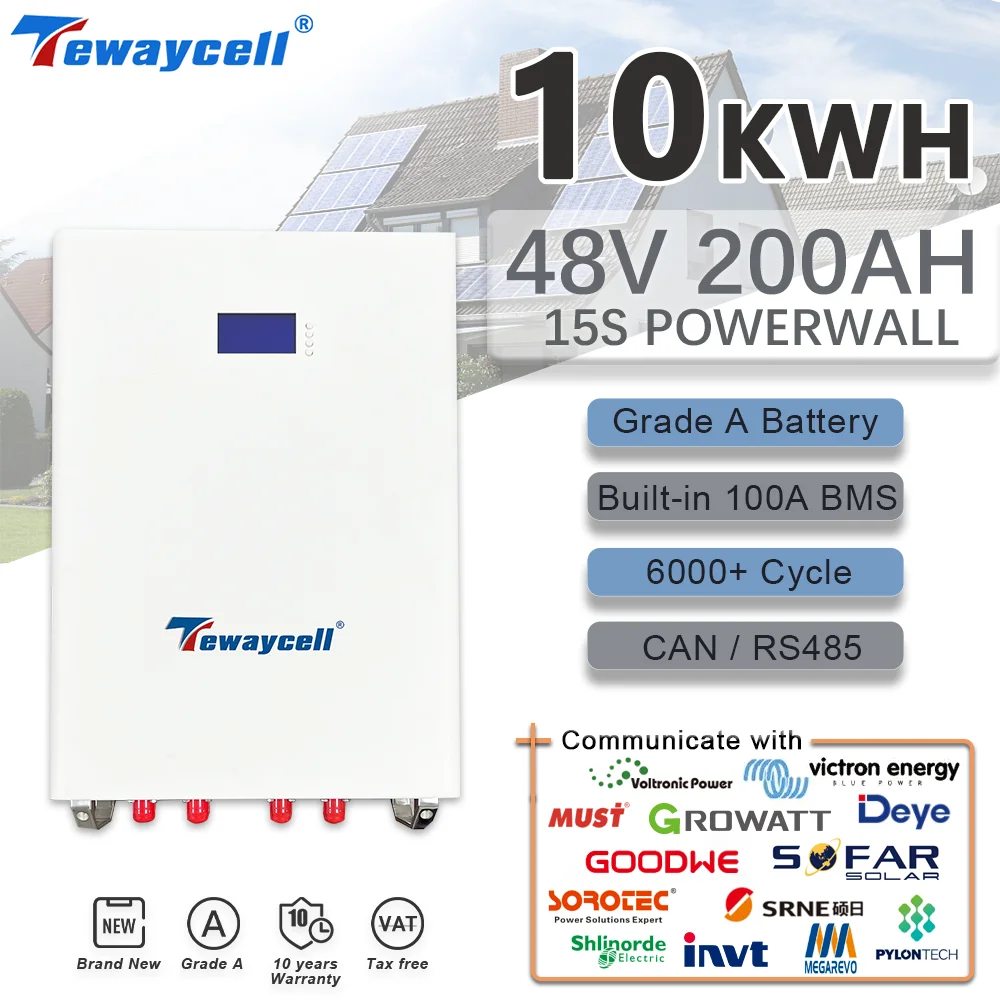 

Tewaycell 48V 51.2V 200AH Powerwall 10KWh LiFePO4 Battery Pack Solar ESS 6000 Cycles Buitl-in BMS CAN RS485 Monitor DDP TAX FREE