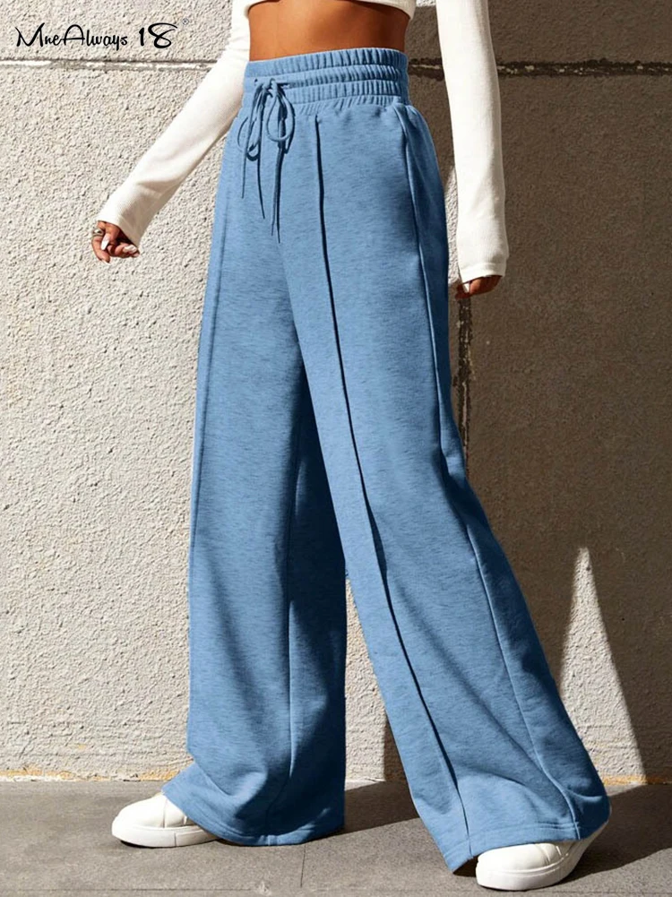 Mnealways18 New Straight Casual Street Baggy Pants Women Pleated Drawstring Wide Leg Pants Outdoor Solid Sporty Pant Trendy 2024