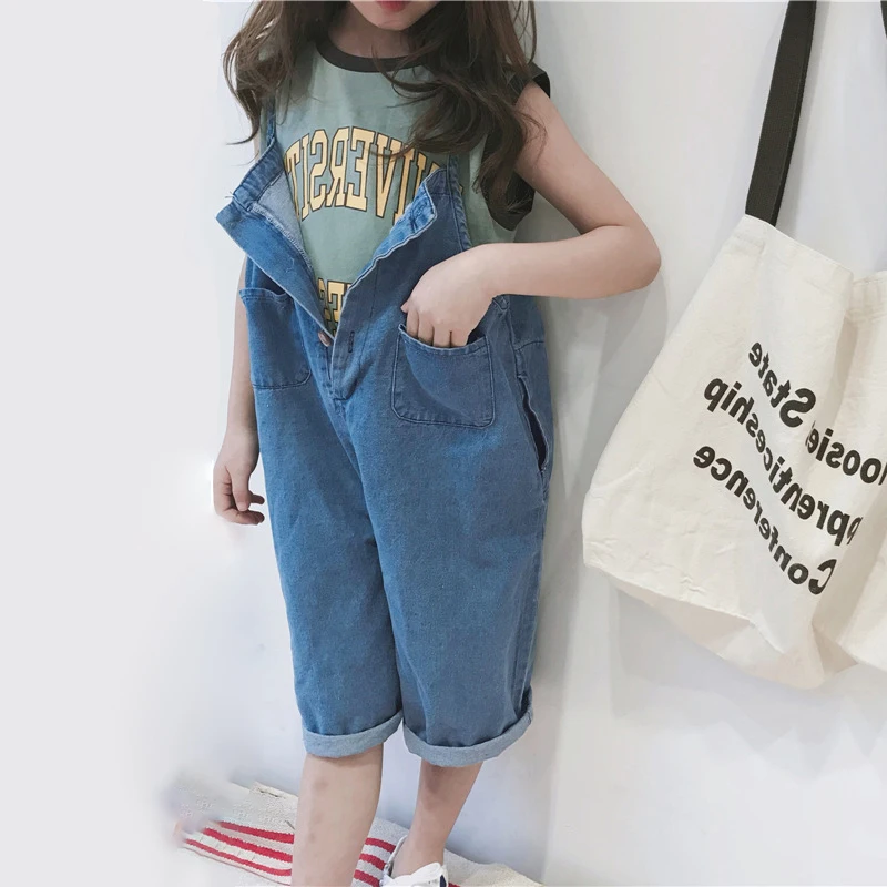 Summer Children Overalls Korean Fashion Denim Wide Leg Pants Kids Jumpsuits 2023 New Baby Girls Suspenders Trousers 3-9Years