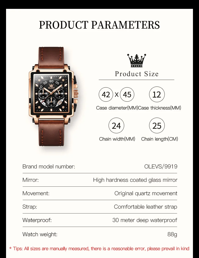 OLEVS Watches for Men Quartz Chronograph Leather Watch Date Waterproof Luminous Casual Square Fashion Business Wrist Watches