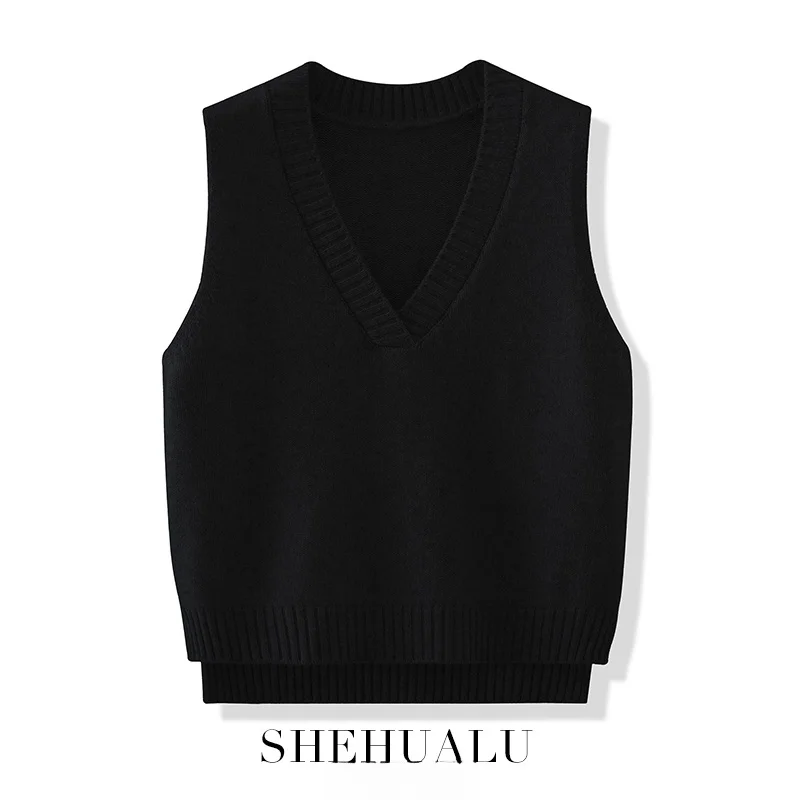 Loose Knitted Mid-Length V-Neck Sweater Vest Women's Autumn Winter Outerwear Brand Buckle Sheep Knit Base Tank Top
