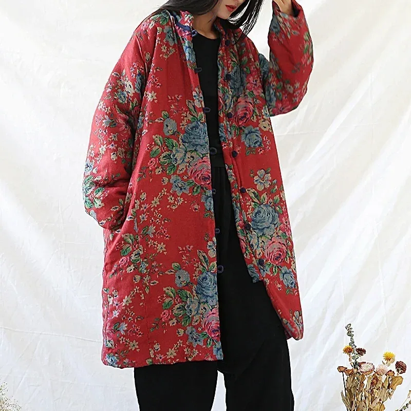 Chinese Style Clothing Warm Cotton Print Flower Coat Robes 2024 Winter New Loose Retro Women Vintage Parkas 13 NM33