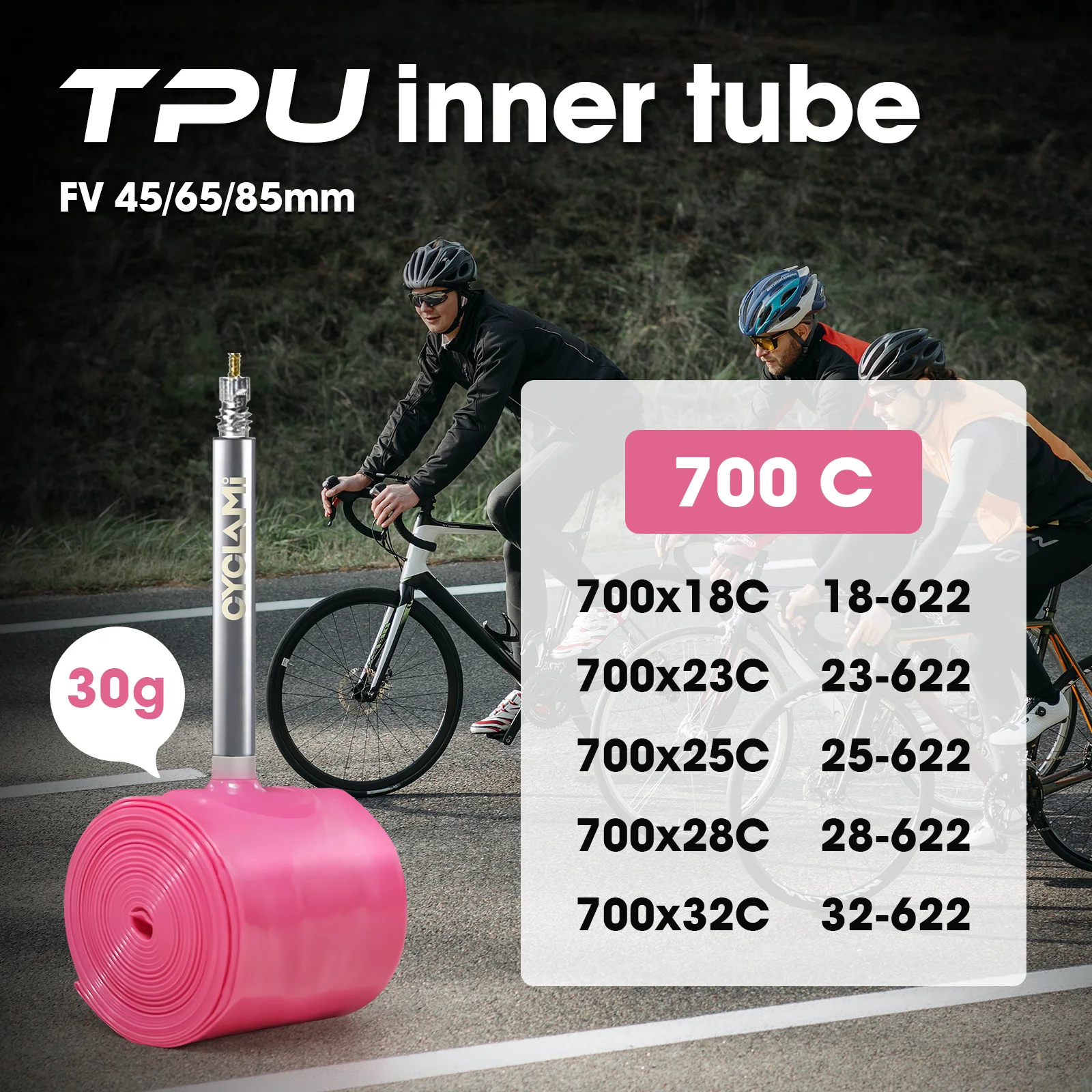 CYCLAMI Fahrradschlauch mit Edelstahl-Presta-French-Ventilschaft TPU für 700C 700 X 18 23 25 28 30 32 Rennradreifen – Detail 1