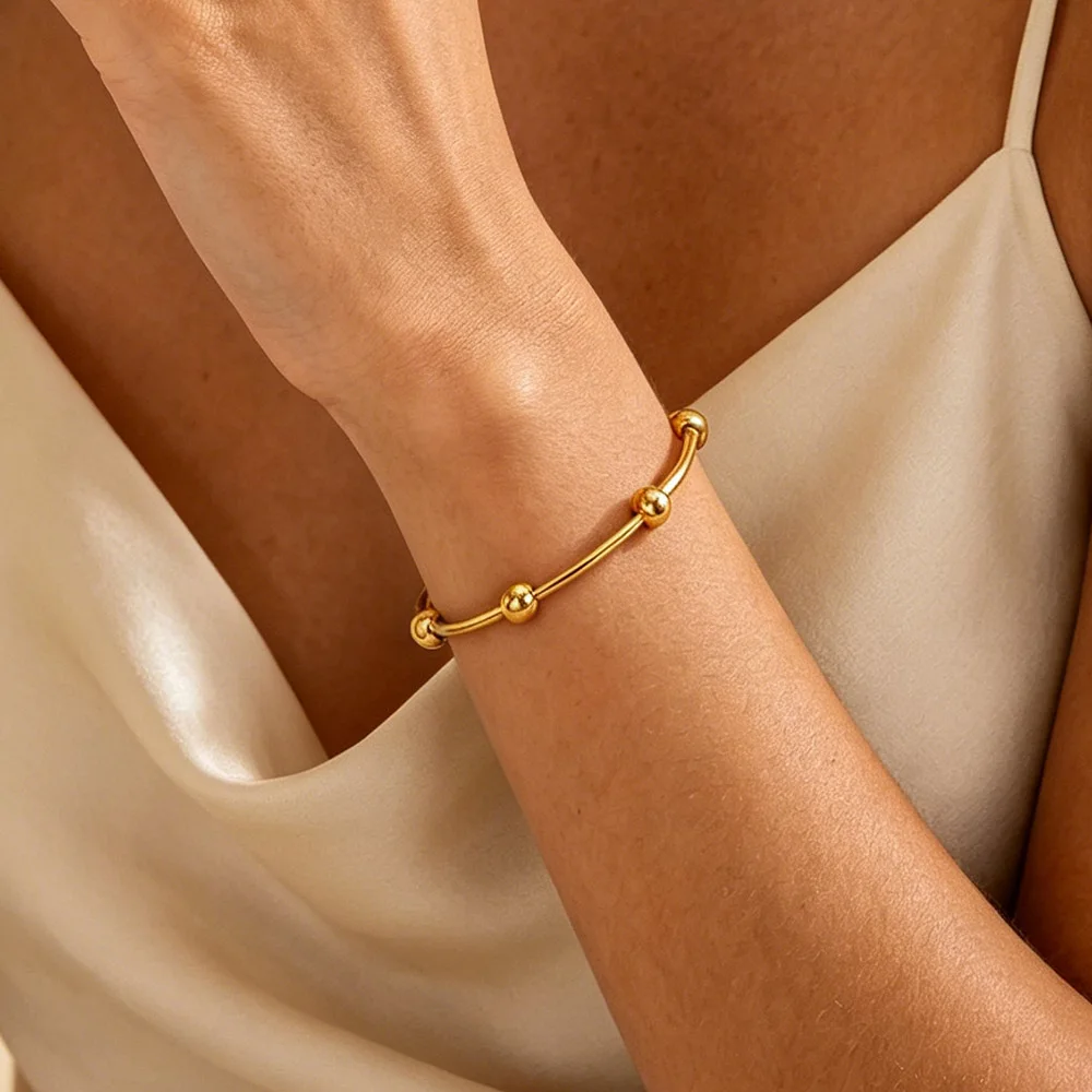 Edelstahl-Armreif für Damen, Edelstahl, runde Perlen, Manschettenarmreifen, modisch, Hochzeit, ästhetischer Schmuck, Geschenk