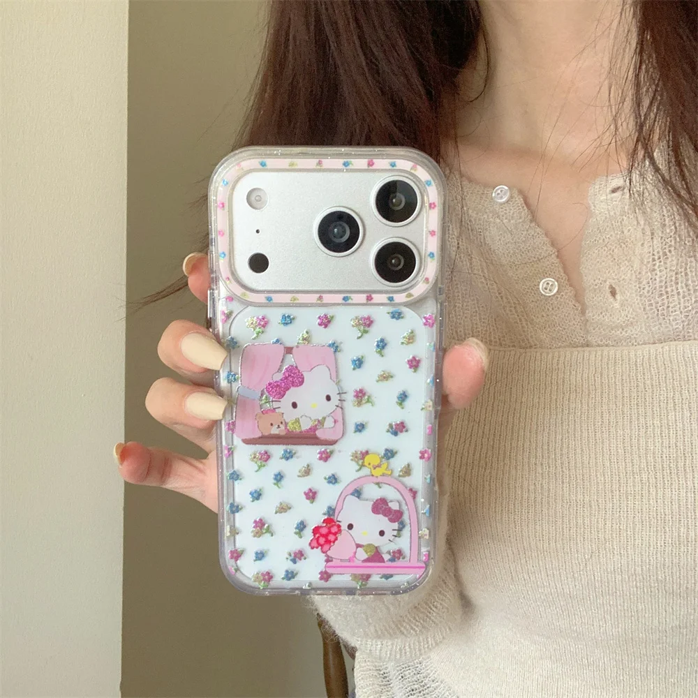 

Kawaii Cartoon Bear Small Flower Glitter Phone Case for iPhone 15 Pro Max 14 13 16 17 Pro Cover Hellokity Cases Shockproof Funda