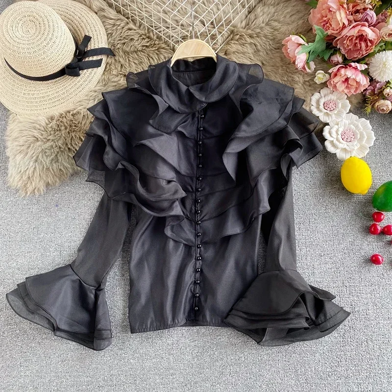 Gagarich Women Shirt 2022 Spring Autumn French Palace Style Ladies Super Fairy Layered Ruffled Organza Flared Sleeve Blouses