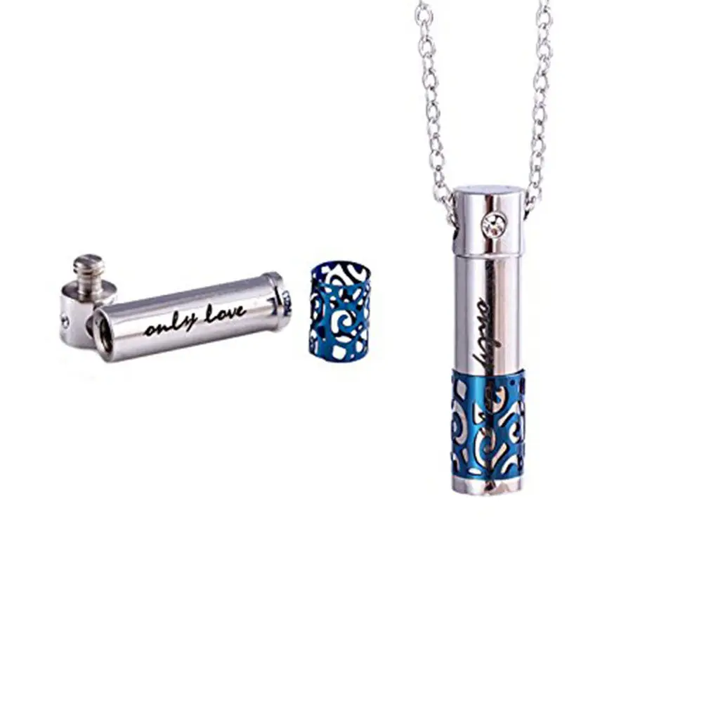 Blue 316L Surgical Stainless Steel Cremation Memorial Necklace with Aroma Diffuser Bottle for Essential Oils Perfume Lovers