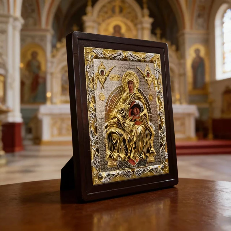 

Byzantine Gold Plated Orthodox Virgin Mary Theotokos Icon with Wooden Frame for Church Home Altar Devotion Christian Gift Decor