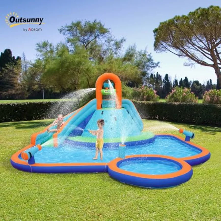 Opblaasbare waterglijbaan voor kinderen 4-in-1 springkasteel Waterpark Springkasteel met waterzwembad, glijbaan, klimmuren en 2 waterblikken