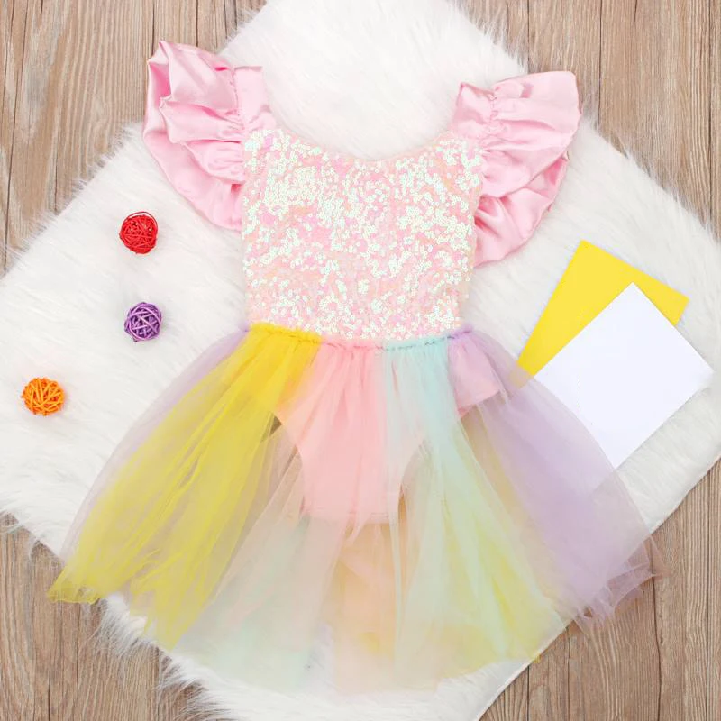 Summer Baby Dress Toddlers Girls Mesh Rainbow Color Sequined Short Sleeve Princess Dresses Children Party Birthday Clothing6M-3Y