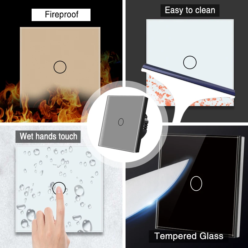 UBARO Eu/UK AC220v Black Tempered Glass Panel Touch Switch Wall Light Sensor Button 1/2/3 Gang 10A Led Indicator Single Live