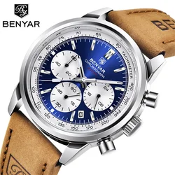 BENYAR 42mm Men Quartz Watch Fashion Genuine Leather Chronograph Military WristWatch 3Bar Waterproof Men Clock Reloj Hombre