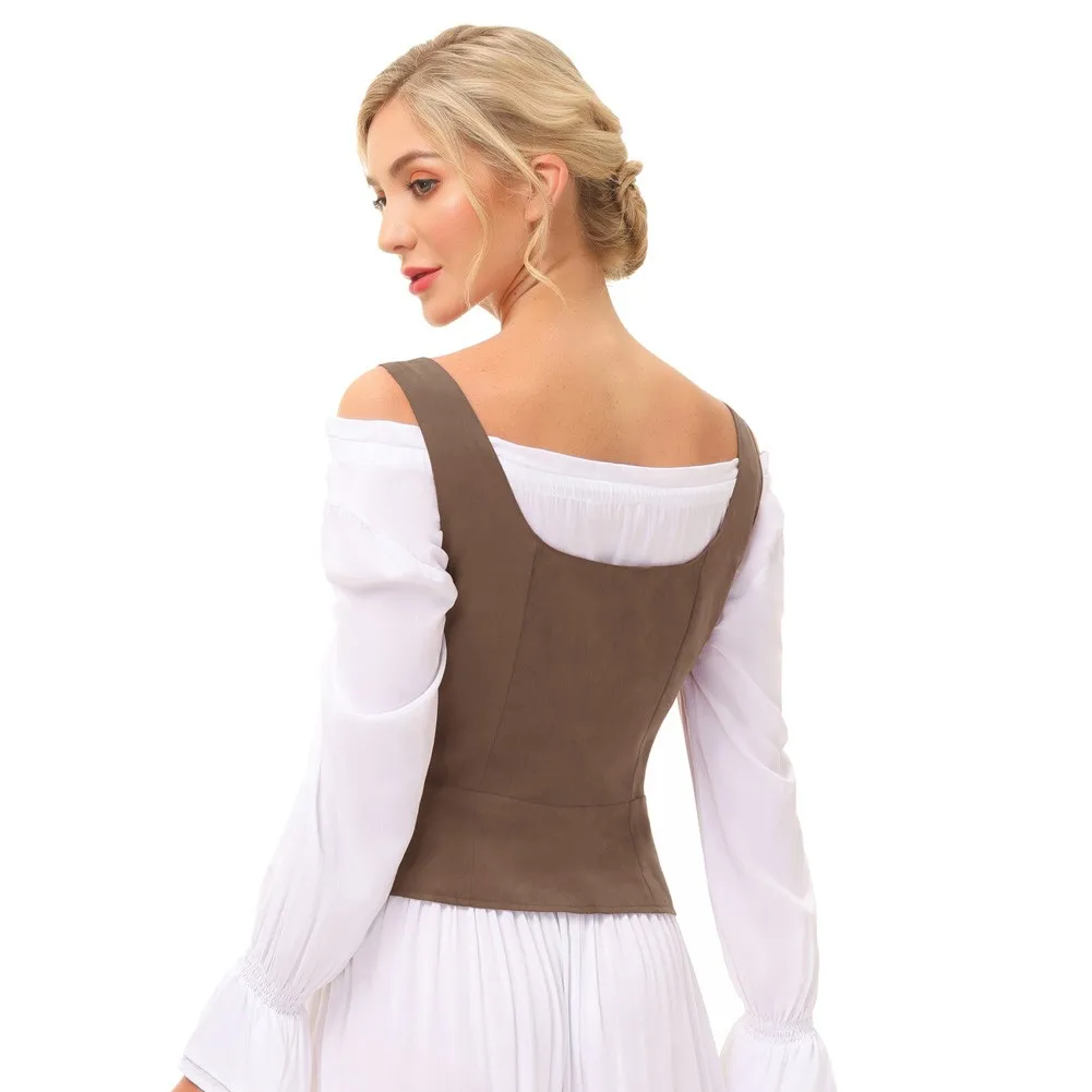 SD Women Vintage Waistcoat Faux Suede Square Neck U-Back Lace-up Front Vest Coat Slim Fit Jacket Ladies Sleeveless Casual Tops