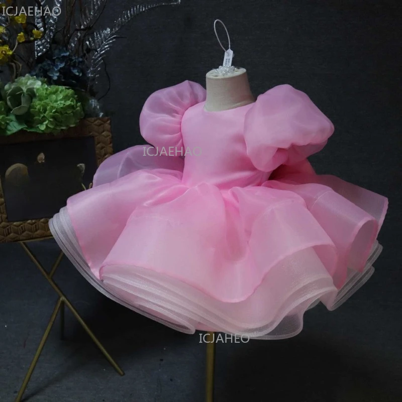 2026 New Pink Flower Girl Princess Dress First Birthday Party Piano Recital Outfit Sheer Puffy Pageant Formal Celebration Gown