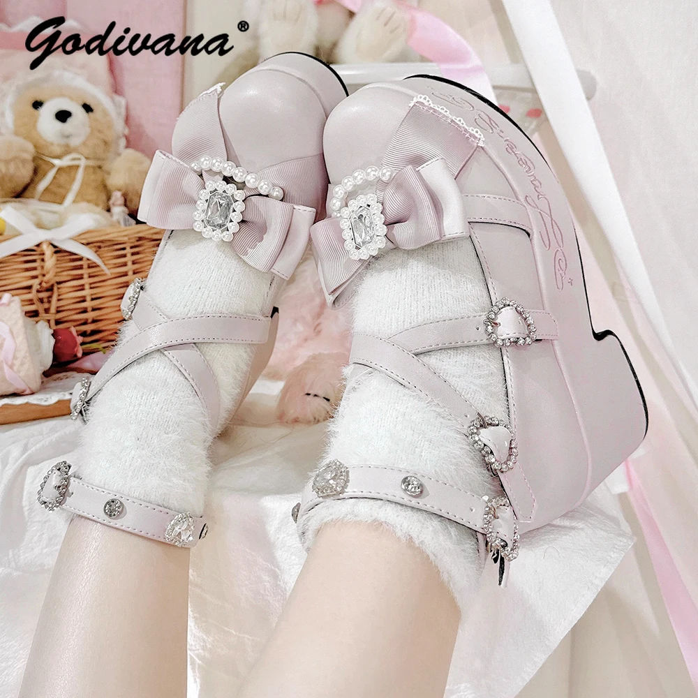 

Оригинальная японская обувь на платформе массового производства, новые весенне-осенние женские милые туфли-маффины со стразами, туфли-лодочки на высоком каблуке