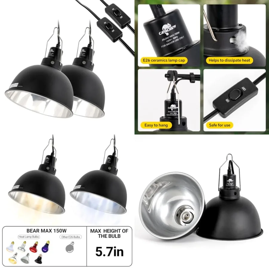 

2 Pack Reptile Light Fixture, Deep Dome Reptile Lamp Fixture, Optical Reflection Cover, Separate Switch and Hook, Terrarium Lig