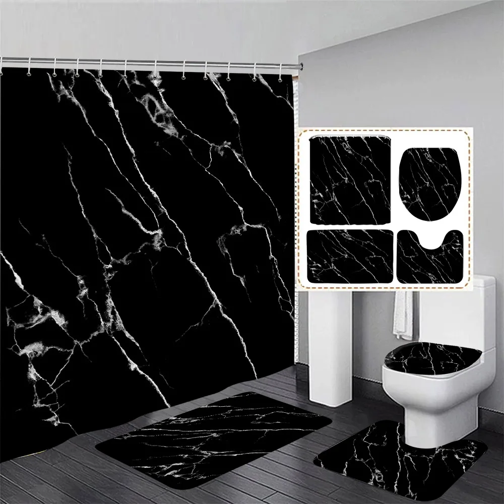 Abstract Marble Shower Curtain Set Blue Green Black Print Modern Geometric Bathroom Decor Non Slip Rug Bath Mat Toilet Lid Cover