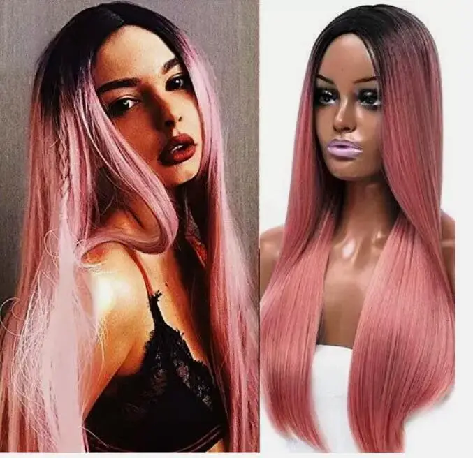 Peruca reta longa com rosa ombre para mulheres, perucas completas, cosplay, EUA