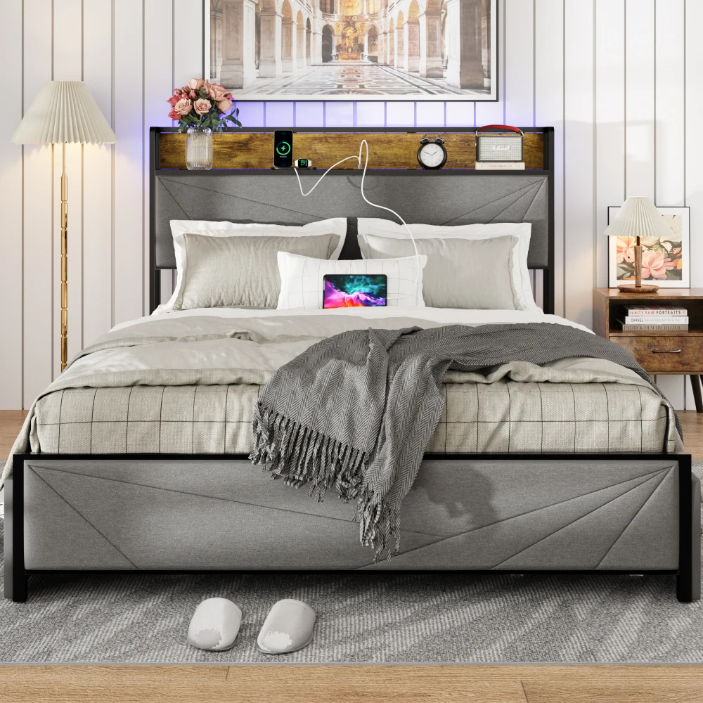 Bed Frame with 4 Storage Drawers and 2 USB Ports, Upholstered Platform Bed Frame with Storage Headboard Charging Station, Grey