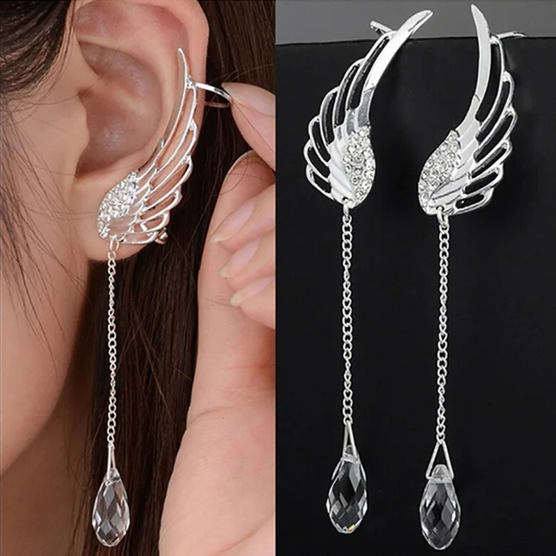 2022 New Silver Plated Angel Wing Stylist Crystal Earrings Drop Dangle Ear Stud For Women Long Cuff Earring Bohemia Jewelrys