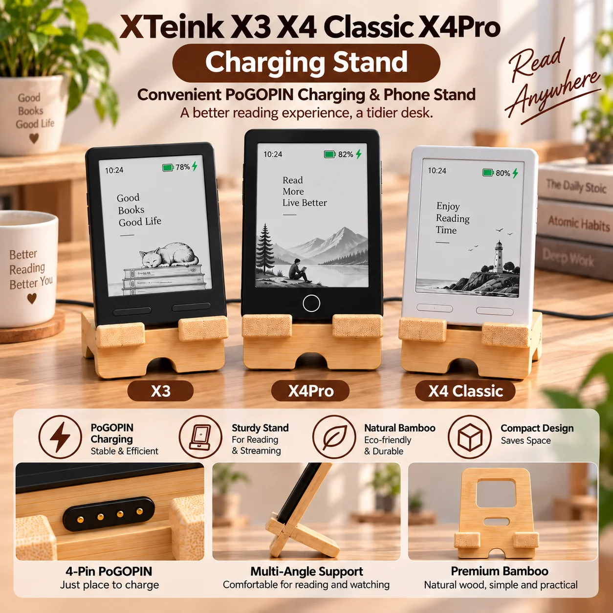 XTEINK Holz-Ladeständer X3 X4Classic X4 Pro E-Reader 4-Pin Pogo-Pin-Ladestation Desktop-Halterung mit Ladekabel