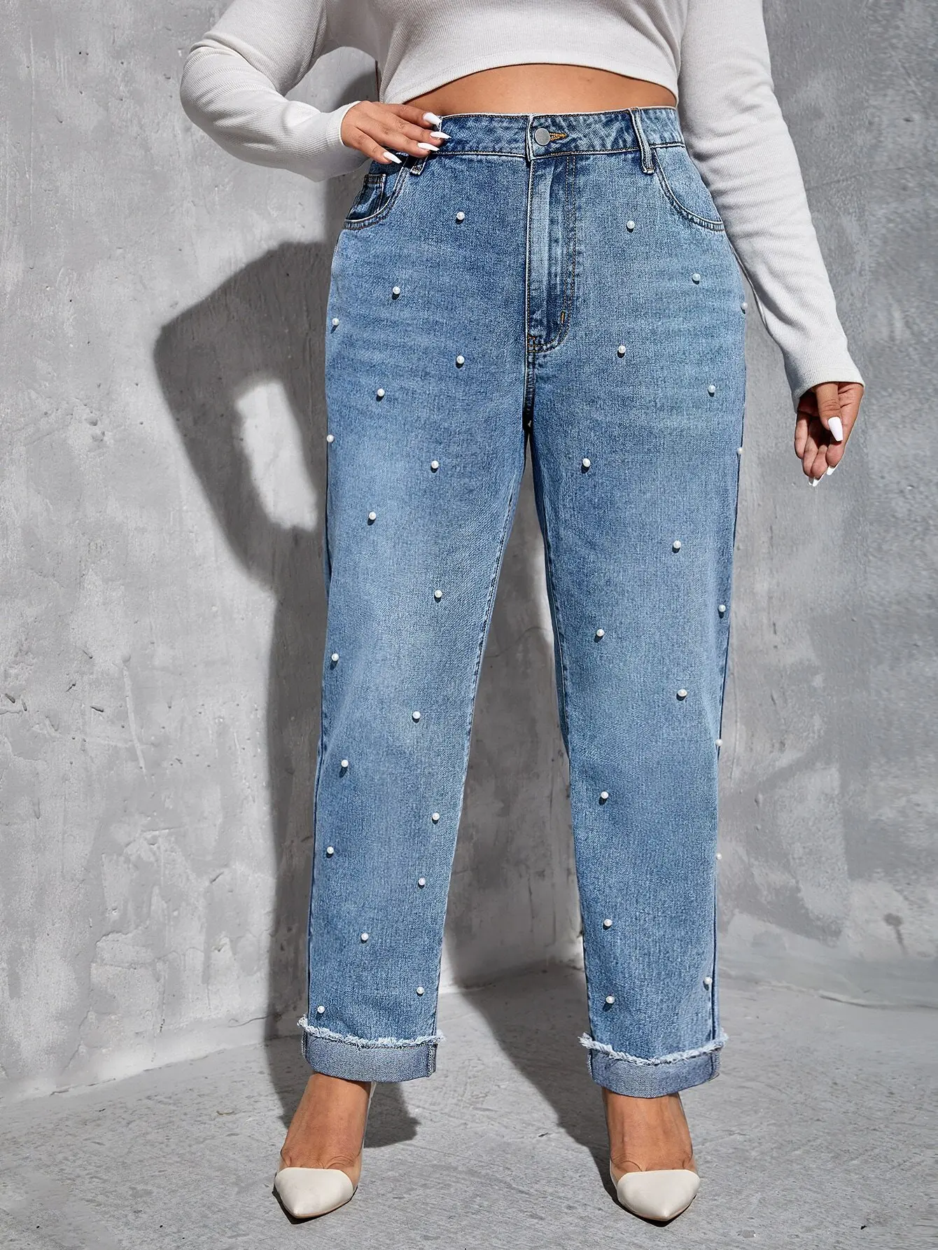 

Джинсы женские с высокой талией, украшенные жемчугом, с необработанным краем, свободного кроя, прямые штанины