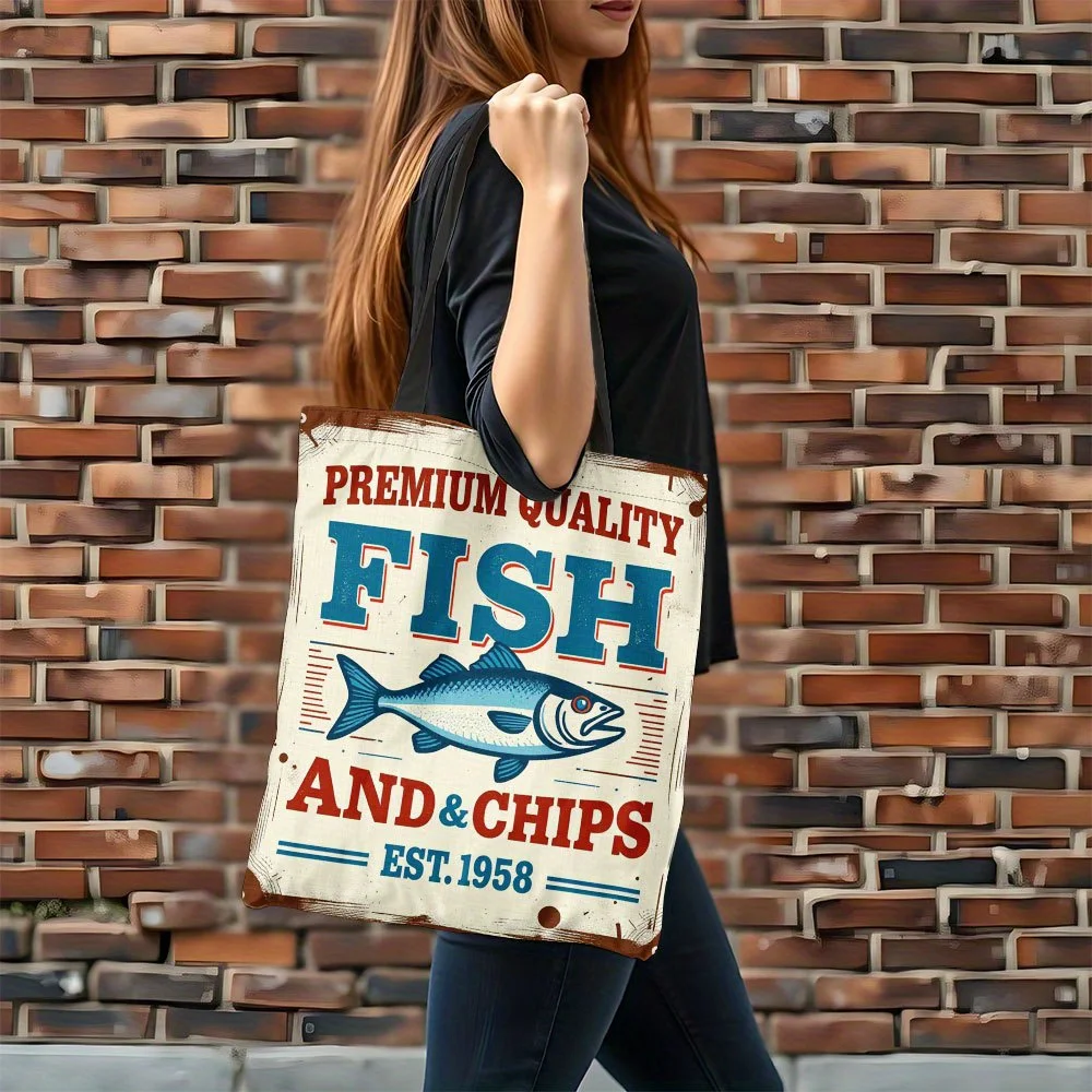 1pc Vintage Sardine Fish Design Canvas Tote Bag for Women -Durable & Reusable Grocery Shopper for Travel, Shopping