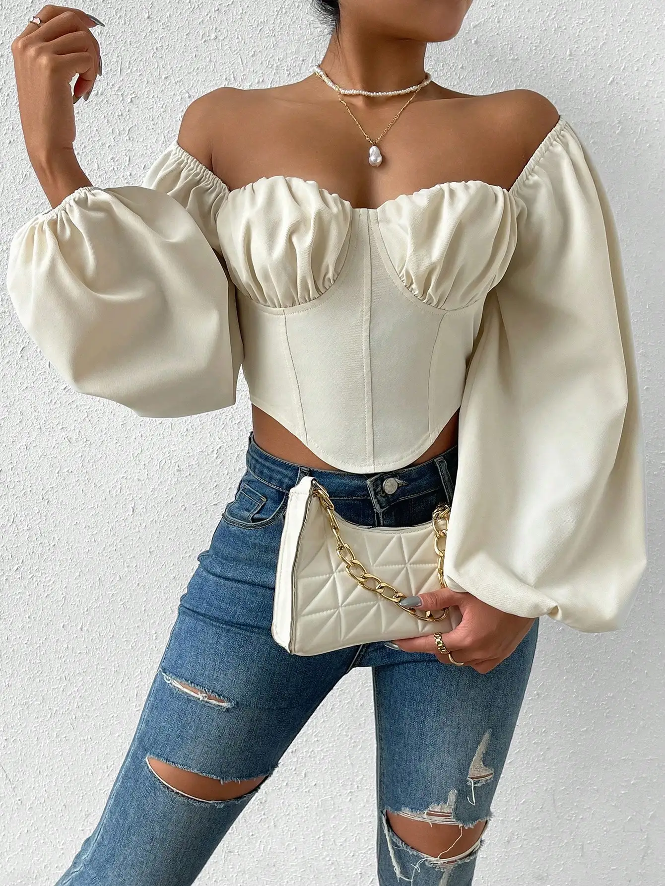 Autumn and Winter New Women Sexy Square Collar Top Bubble Sleeve Shirt Shirt