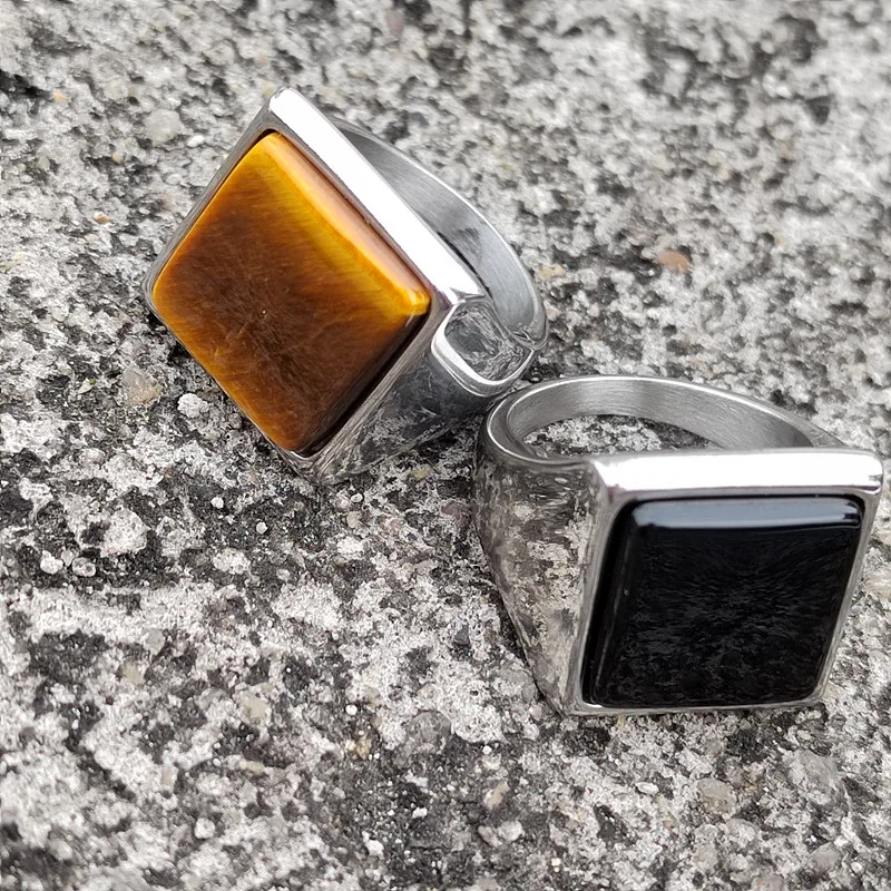 Classic Large Square Onyx Tiger Eye Rings Simple Geometric Men Stainless Steel Anniversary Jewelry Gift for Husband Boyfriend