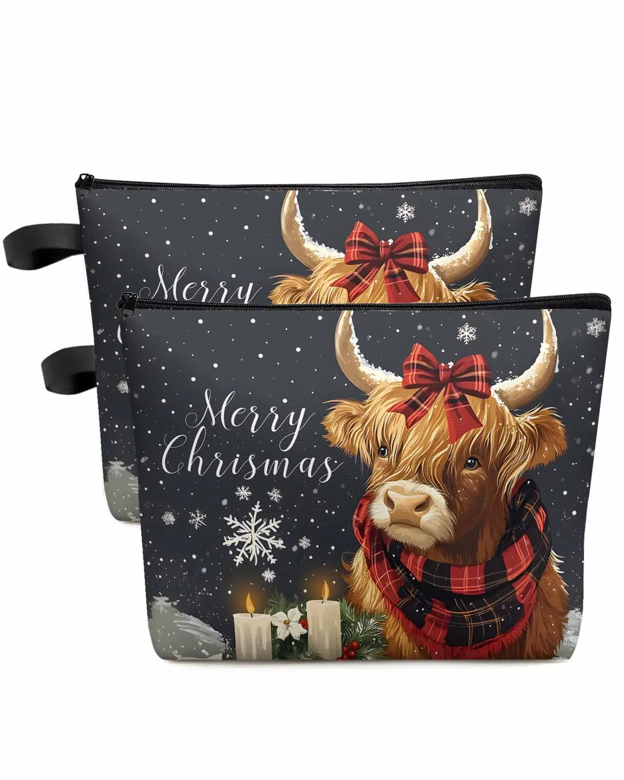 Yak Plaid Scarf Candles Merry Christmas Women Portable Storage Bag Pouch Napkin Cosmetic Bags Organizer Ladies Makeup Bag