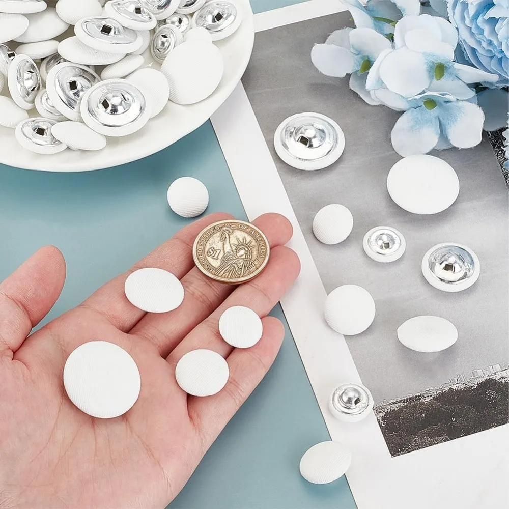 64pcs White Fabric Covered Button, 4 Sizes Round Shank Buttons Sewing Button Soft Cloth Buttons for Overcoat Vests Blazer Jacket