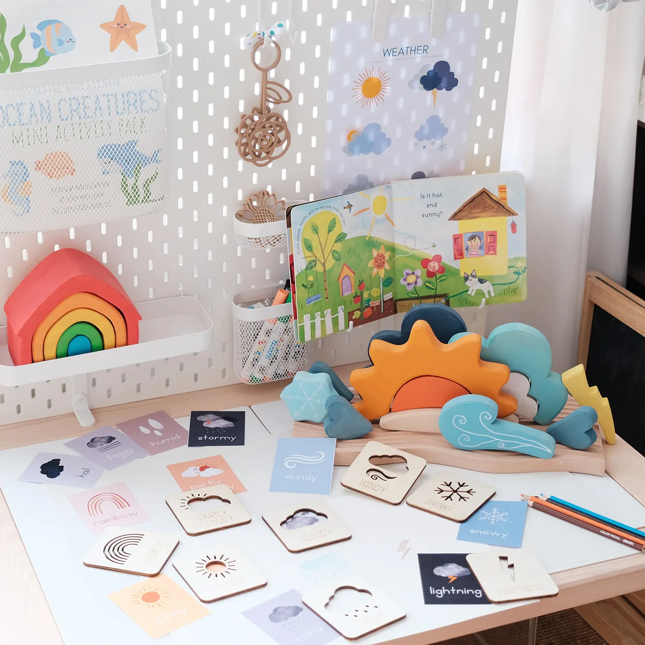 Weather awareness wooden set children's preschool education desktop painting template children's toys